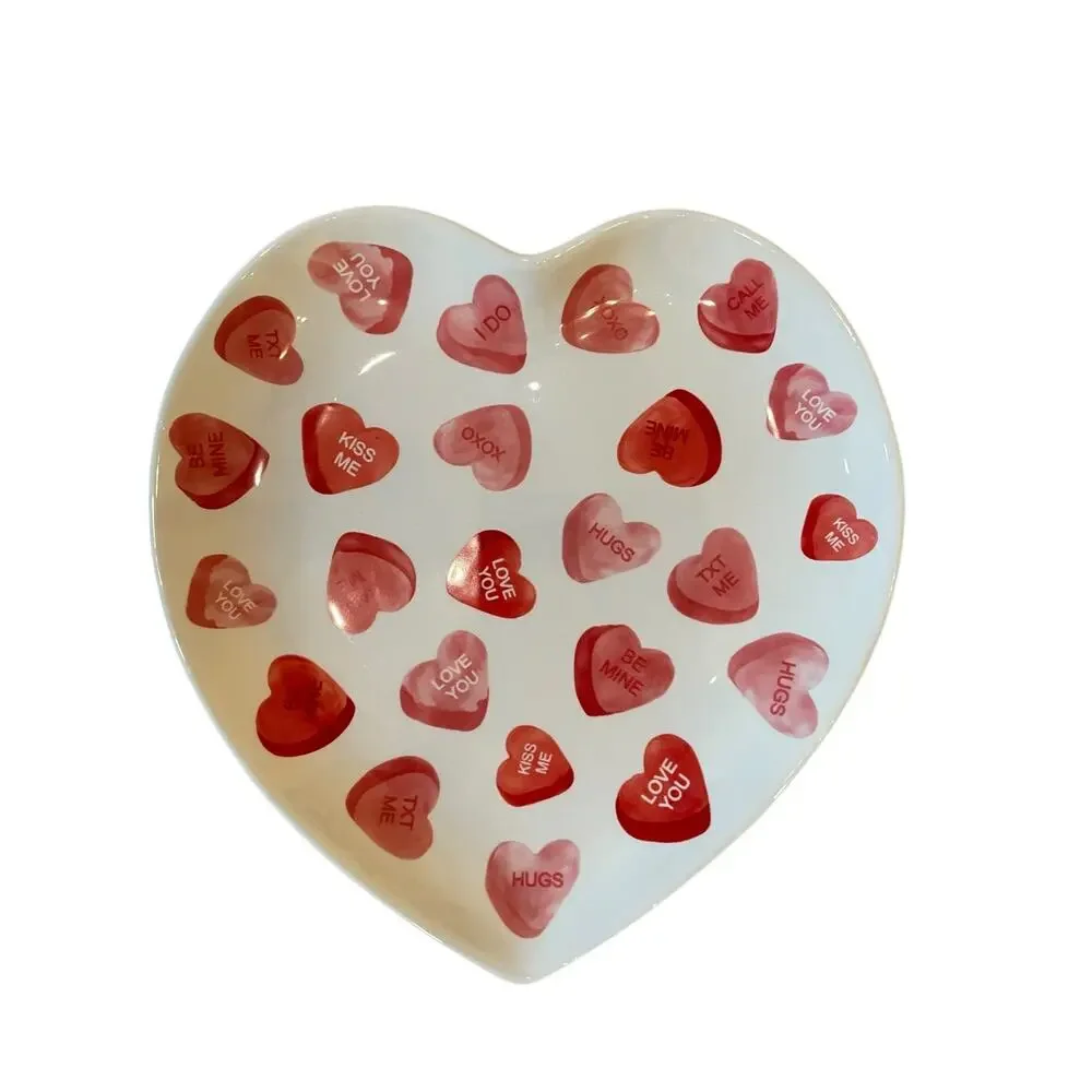 4 Maxcera Conversation Heart Valentine Dinner Plates 10in Ceramic Red & White